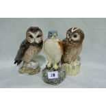 A Beswick Kestrel Scotch Whisky Decanter Together With Two John Beswick Studio Owl Decanters