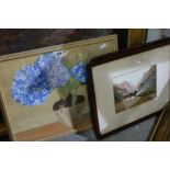 A Still Life Study Of Flowers In A Vase, Two Photographic Mountain Scene Pictures Together With An