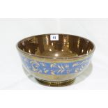 A Large Circular Based Copper Lustre Pottery Mixing Bowl With Blue Band, 10" Diameter