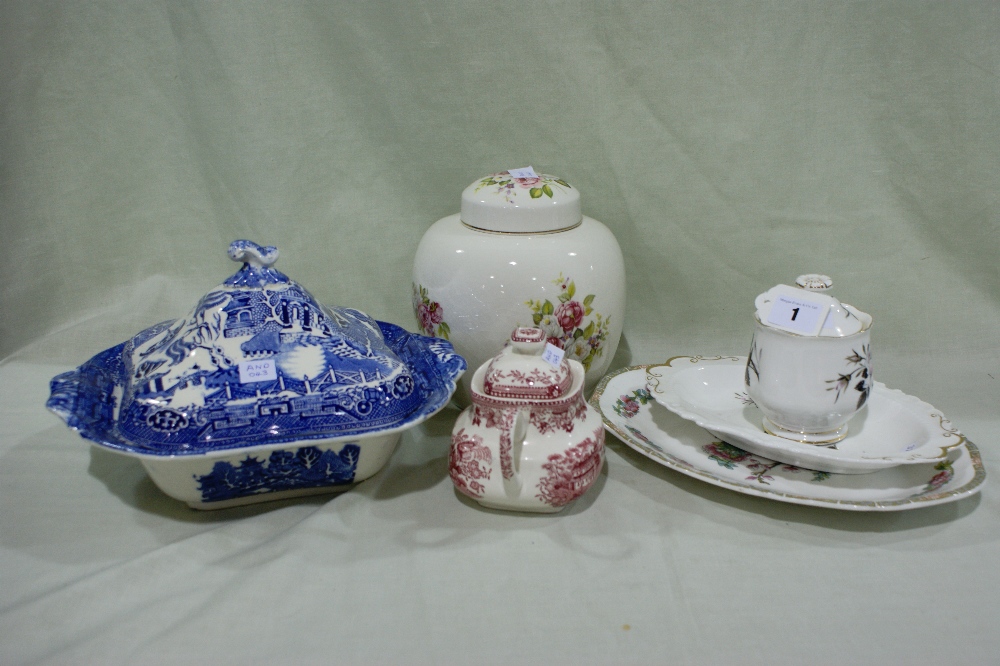 A Willow Patterned Pottery Vegetable Tureen And Cover, An Old Foley Pottery Ginger Jar And Cover Etc
