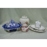 A Willow Patterned Pottery Vegetable Tureen And Cover, An Old Foley Pottery Ginger Jar And Cover Etc