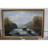 Victorian School Oil On Canvas, Mountain And Wooded River View, Signed