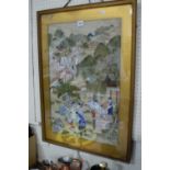 A 19th Century Oriental Silk Work Panel Hand Painted With Domestic Scenes Including Numerous