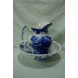 A Staffordshire Pottery Blue And White Transfer Decorated Jug And Basin