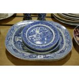 Two Willow Pattern Pottery Meat Plates Together With A Quantity Of Circular Plates