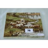 A Glazed Ceramic Tile With Transfer Scene Of Cattle At Waters Edge