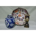 A Circular Based Ironstone Fruit Bowl Together With A Lidded Ginger Jar And Blue Ground Vase