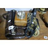 A Quantity Of Vintage Horse Brasses Together With An Oak Encased Cycle Lamp Etc