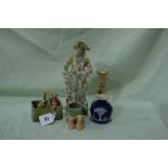 A Wedgwood Blue Jasper Ware Squat Vase Together With An Edwardian Bisque China Figure Etc