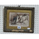 A Framed Water Colour Study Of Horses Drinking
