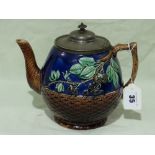 A 19th Century Majolica Glazed Basket Weave And Blackberry Decorated Tea Pot With Pewter Lid
