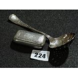 A Silver Sifter Spoon Together With A White Metal Snuff Box