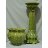 A Staffordshire Pottery Green Glazed Moulded Jardiniere And Pedestal