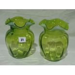 A Pair Of Victorian Green Tinted Opaline Flower Vases