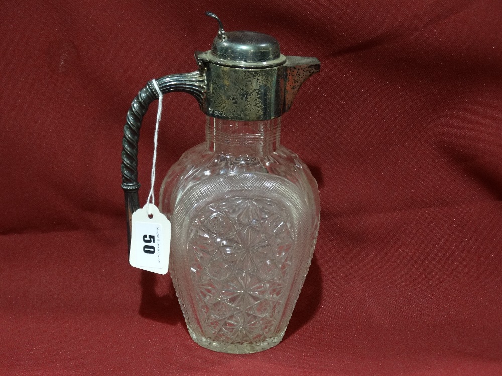 A Victorian Cut Glass Wine Jug With Silver Handle And Cover, Hallmarks For Sheffield 1897