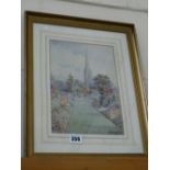W L Brown Water Colour, Cottage Garden Scene With Cathedral In The Background