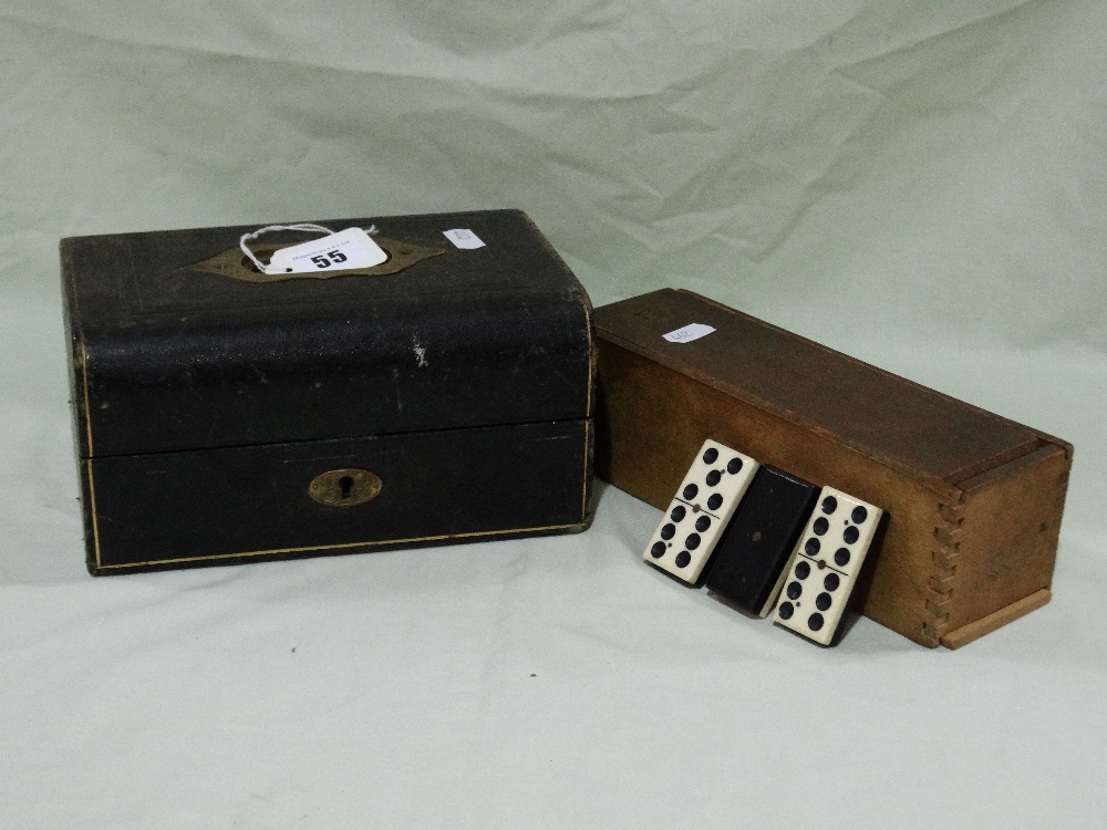 An Edwardian Lidded Jewellery Box Together With A Set Of Ebony And Bone Dominos