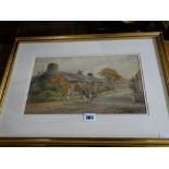 G Harrison R.C.A. Water Colour, Rural Tavern View With Figures To The Foreground Signed