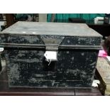 A Tin Deed Box Containing A Quantity Of Vintage Fishing Related Items Including Some Reels, Hardy,