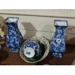 A Pair Of Square Based Leighton Pottery Blue And White Transfer Decorated Vases Etc (4)