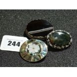 Two Agate Stone Set Brooches Together With A Mother Of Pearl Set Brooch