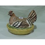 A Staffordshire Pottery Coloured Hen On Nest (Star Crack To Base)