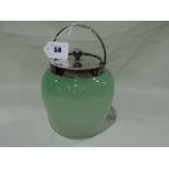 A Green Tinted Glass Biscuit Barrel With Silver Cover And Handle
