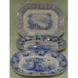 Three 19th Century Blue And White Transfer Decorated Meat Plates