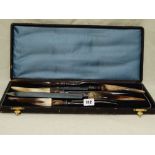 A Cased Five Piece Horn Handled Carving Set Marked H Hobson & Son