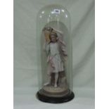 An Edwardian Bisque China Figure Of A Fruit Gatherer Under A Glass Cylindrical Dome