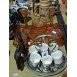 A Glass Dressing Table Set, A Six Cup Coffee Set On Tray And A Metal Table Lighter In The Form Of