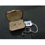 A Pair Of 9 Carat Gold Set Pearl Earrings Together With A Novelty Keyring