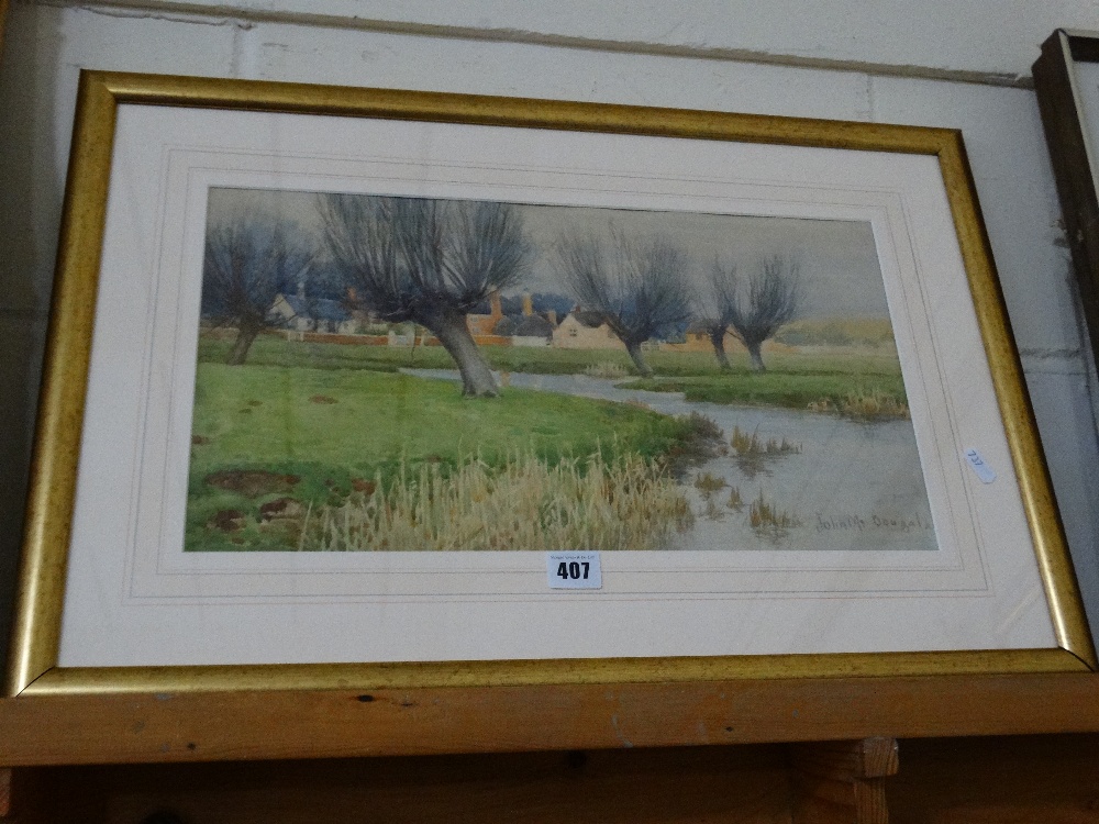 John McDougal Water Colour River Scene With Houses In The Background, Signed 9 1/2" X 17"