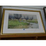 John McDougal Water Colour River Scene With Houses In The Background, Signed 9 1/2" X 17"