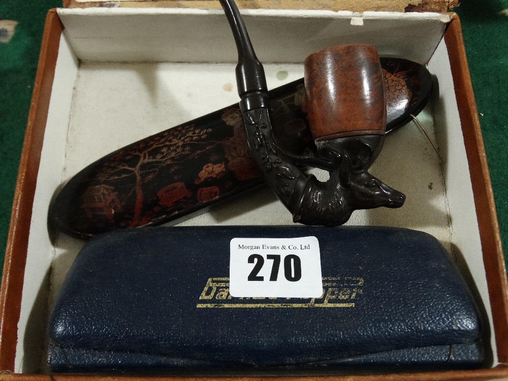 A Carved Bavarian Smoking Pipe Together With Two Pairs Of Vintage Spectacles