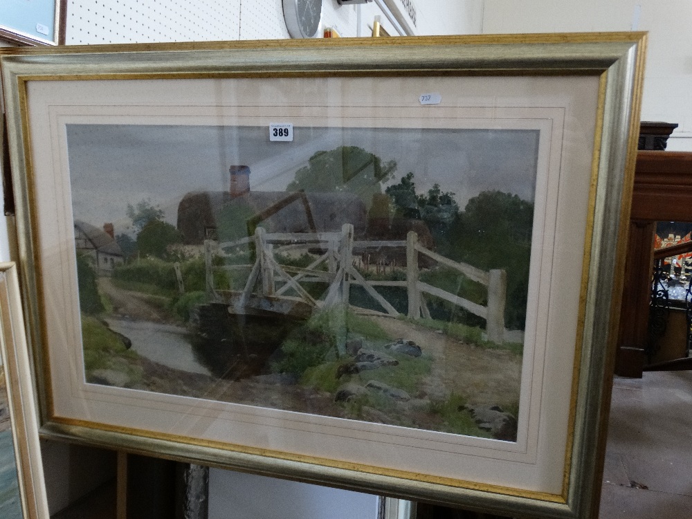 John McDougal, Water Colour View Of Thatched Cottages With River And Bridge To The Foreground, 15" X