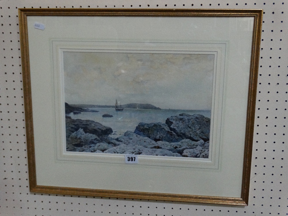 John McDougal Water Colour, Anglesey Coastal View With Sail Ships At Sea, Signed 9 1/2" X 13"