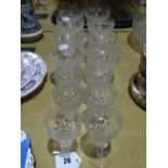 Fourteen Circular Based Etched Drinking Glasses
