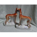 A Pair Of Staffordshire Pottery Greyhound Models (AF) Together With Two Late Staffordshire Pottery
