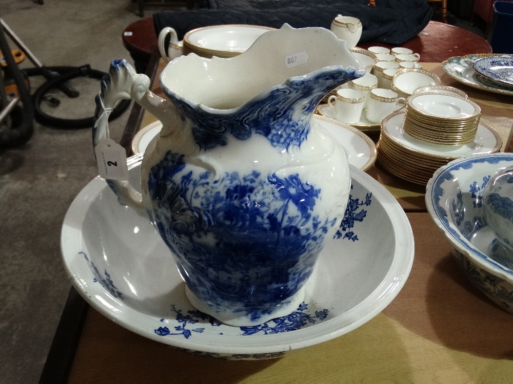 A Blue Transfer Decorated Pottery Wash Jug And Basin