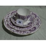 A Wileman & Co Purple Transfer Decorated Trio Together With Two Matching Bread Plates