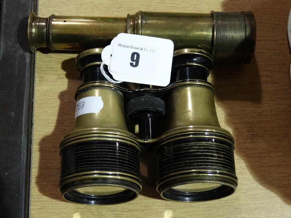 A Brass Pocket Telescope Together With A Pair Of Brass Binoculars