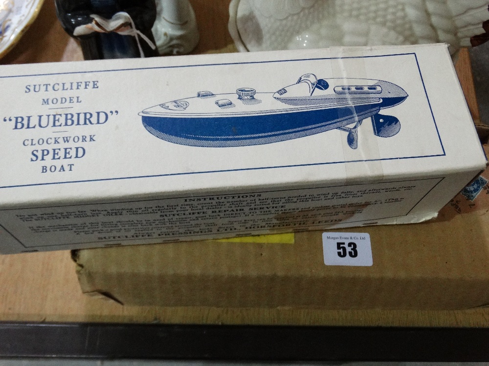 A Boxed Sutcliffe Model Bluebird Clockwork Speedboat