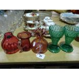 Two Cranberry Tinted Glass Jugs Together With A Pair Of Green Tinted Vases Etc
