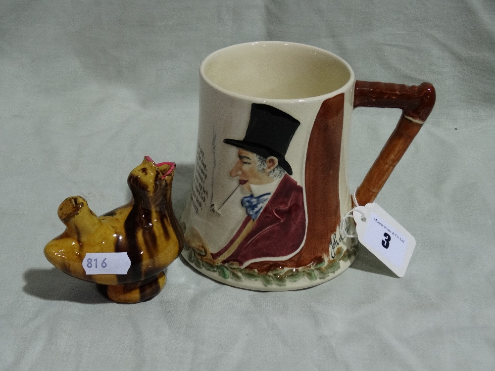 A Treacle Glazed Pottery Bird Whistle Together With A Crown Devon John Peel Musical Tankard