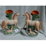 A Pair Of Staffordshire Pottery Horse And Foal Spill Holder Groups