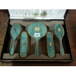 A Cased Six Piece Silver Gilt And Shagreen Effect Decorated Dressing Table Brush And Mirror Set