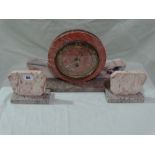 An Art Deco Coloured Marble Garniture Set Of Clock And Two Side Pieces