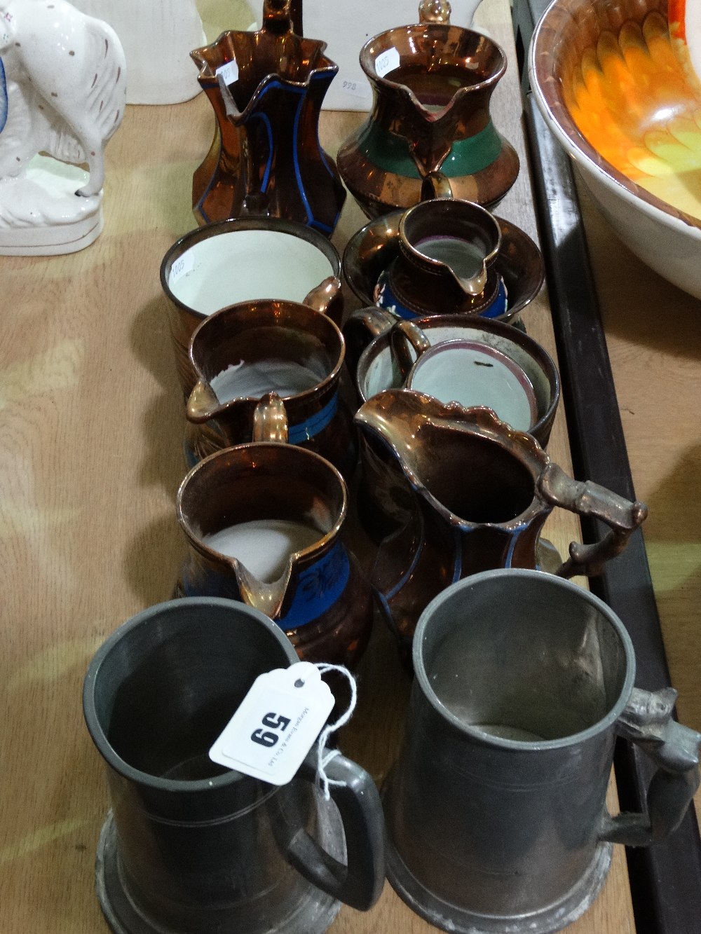 A Group Of Copper Lustre Pottery Together With Two Pewter Tankards