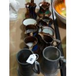 A Group Of Copper Lustre Pottery Together With Two Pewter Tankards